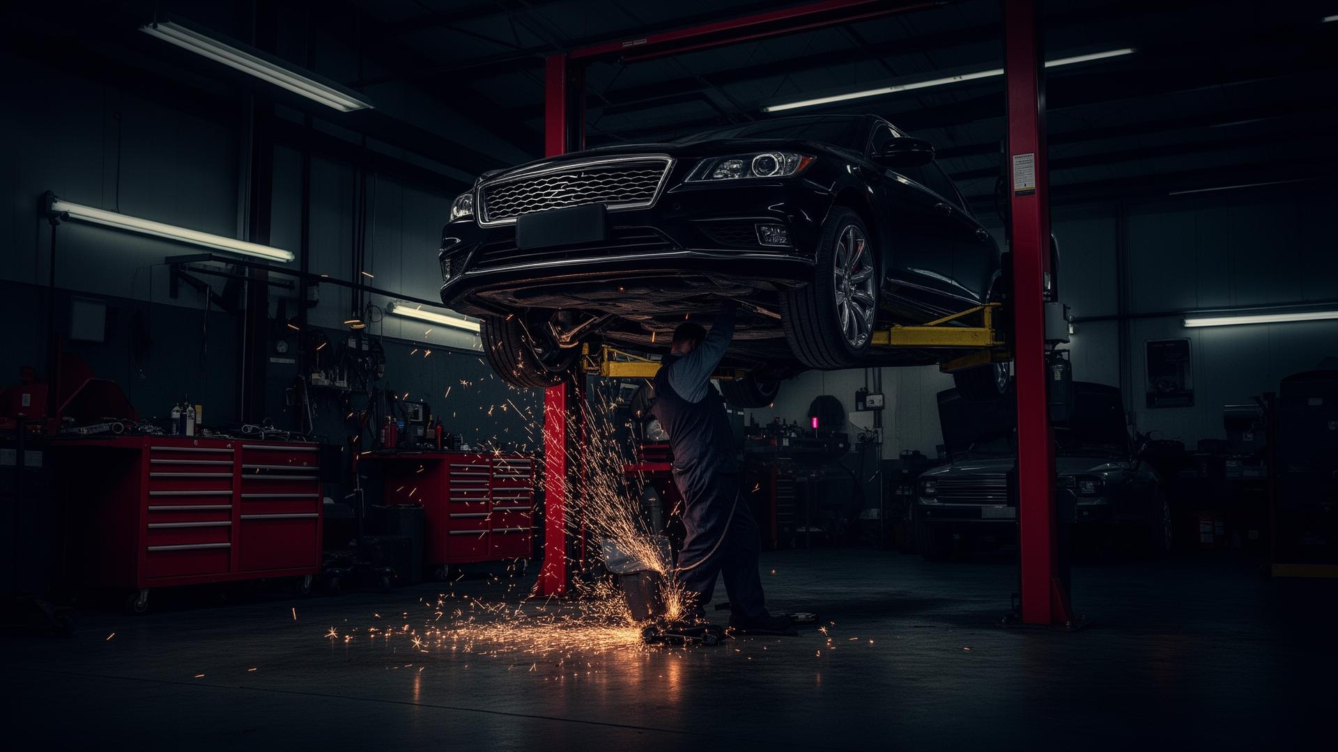 Mechanic working under a car on a lift at Roman's garage
